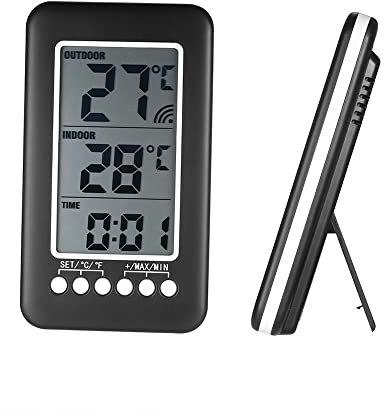Geevorks Thermometer für Innen und Außen, kabellos, 2 in 1, Uhr, Thermometer, LCD, ℃ / ℉, Digital, Temperaturmessung, mit Sender