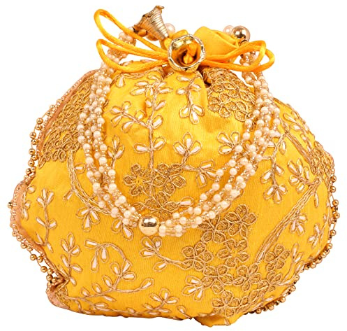Touchstone NEW Traditional Indian Hand Embroidered Floral Faux Pearls Strings Shopping Gifts Jewelry Wedding Sweet Distribution Faux Drawstring Fancy Yellow Bag Purse Pouch For Women.