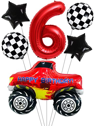 Liitata Rennwagen Luftballon Set Rennauto 6. Kinder Geburtstag Deko Zahl 6 Folienballon Rot Großes Rennwagen Luftballons Zielflagge Ballon Stern Ballon für Junge Geburtstag Party Motto Party Deko