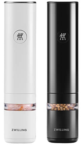 ZWILLING ENFINIGY Elektrische Salz- & Pfeffermühle mit Keramikmahlwerk & LED Beleuchtung, Aufladbar per USB, 2-teiliges Set: Schwarz & Weiß