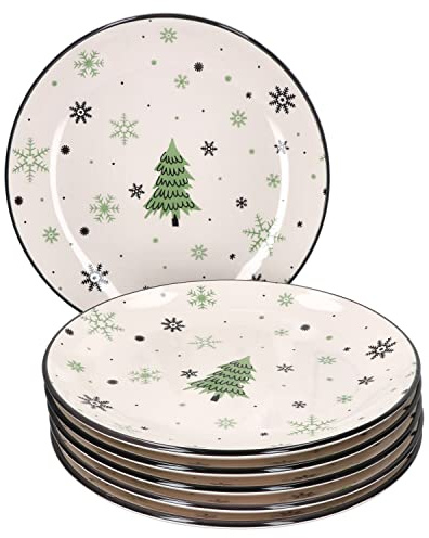 MamboCat 6er Set Weihnachtsbaum Speiseteller I 6 Personen I Teller für Weihnachten mit Tannenbäumen & Schneeflocken I Festtagsessen, Braten I Christmas I Essteller, Servierplatte flach I Steingut