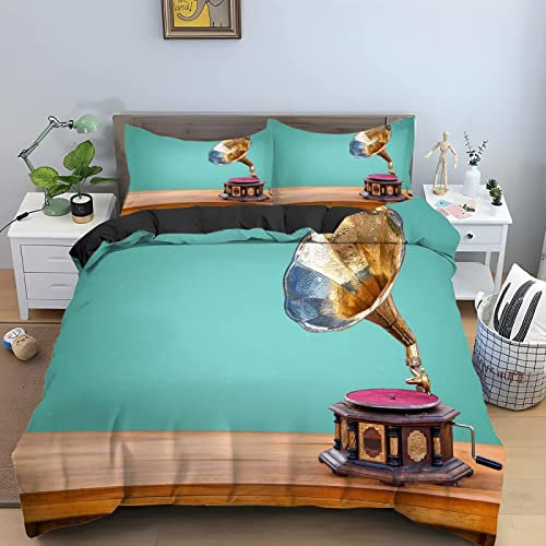 KATATI Bettwäsche 135x200 Altes Grammophon, 3D Altes Grammophon Bettwäsche-Sets Winter Weich Kuschelige Mikrofaser Bettwaren 1 x Bettbezug mit 2 x Kissenbezug 80x80 cm mit Reißveschluss