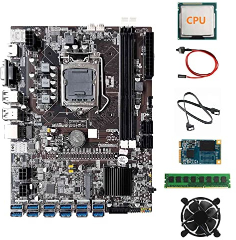 Lodokdre B75 ETH Carte mère minière 12XPCIE vers USB+CPU aléatoire + DDR3 4 Go RAM + 64 G SSD + ventilateur + câble + câble Switch carte mère