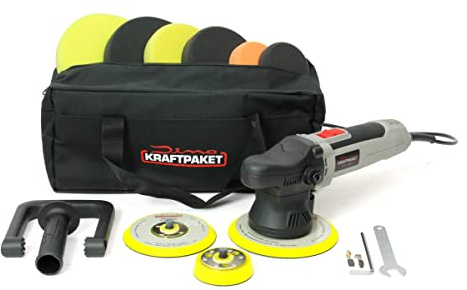 Dino KRAFTPAKET 9mm-650W Exzenter Poliermaschine für Auto Boot KFZ im Set mit Stützteller Polierpads und Tasche, 75mm+125mm+150mm