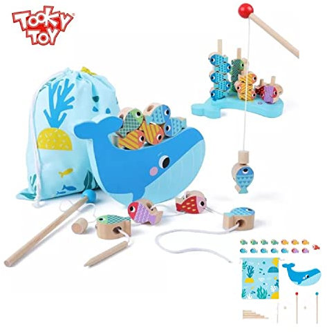 Tooky Toy TH698 fiskspel i trä, 25 delar, stapelspel, trådspel, färg: blå