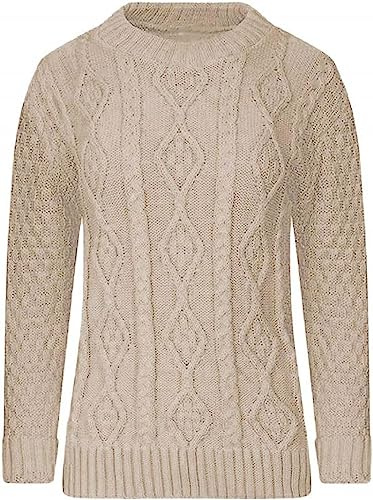 AJFASHION Women Jumpers New Ladies Long Sleeve Chunky Cable Knitted Jumper Crew Neck Winter Sweater Top UK Size 8-22 Beige
