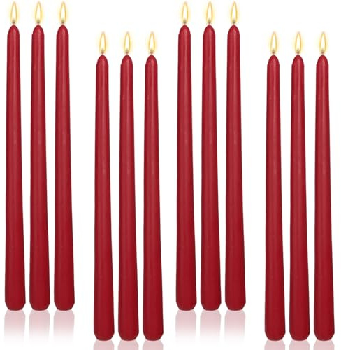 LPUSA Juego de 12 velas cónicas de 12 pulgadas, sin perfume, sin humo, largas y altas, para palitos de velas, bodas, Adviento, decoración del hogar, cena, Navidad, color burdeos