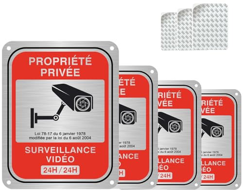Amlope 4 Pièces Panneau de Surveillance Vidéo 15x12cm en Aluminium - Propriété Privée Sous Surveillance - Intérieur/Extérieur