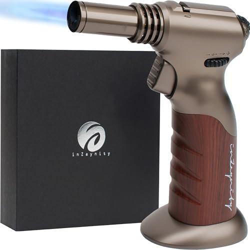 Powerful Dual Flame Style+Triple Adjustable Flame Size in One Hand Butane Torch-by inZaynity-Refillable Blow Torch Continuous Flame Lock,Soldering,Cooking,BBQ,Crème Brulee,Welding,Resin (Brown Steel)