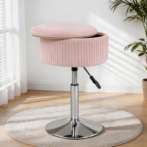 LITZFUR Adjustable Vanity Stool with Storage, Swivel Vanity Chair, Pink