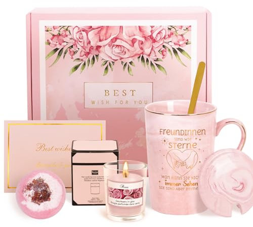 Joymaking Kaffeetasse Geschenk-Set für Freundinnen mit Duftkerze und Badebomben - Freundschaft für BFF zum Geburtstag, Weihnachten - Freundinnen sind wie Sterne, Rosa
