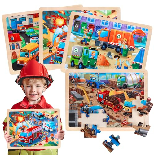Bodenpuzzle Kinder ab 3 Jahre, Tacopet 4 Holzpuzzle Fahrzeuge | 4 Holzpuzzle mit Fahrzeugmotiven, je 24 Teile, Holzrahmen und Vorlage; Geschenkidee für Kinder ab 3 Jahren