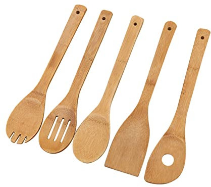 Garneck 5pcs Bamboo Cooking Utensil Set Wooden Spoons and Spatulas for Nonstick Pan Single Hole Mixing Spoon Spatula Rounded Fork Easy Clean