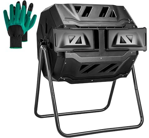 Hourleey Compost Bin Outdoor, 43 Gallon Dual Chamber Tumbling Composting Bin with Sliding Doors, Tumbler Rotating Batch Composter Bin for Garden Kitchen Yard