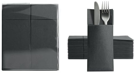 Aroba 50 Soft Point Besteckservietten weiches Material, Volumen & Struktur | fertig gefaltete Servietten mit Schlitz | 32x38 cm 1/8 Falz Bestecktasche |gute Qualität Schwarz