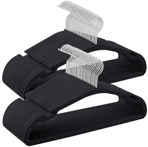 SONGMICS Velvet Hangers - Set of 50 Coat Hangers, 43 x 21 cm, Non-Slip with Wide Shoulder Notches, Trousers Bar, 360?Swivel Hook, Space-Saving for Wardrobe, Ink Black