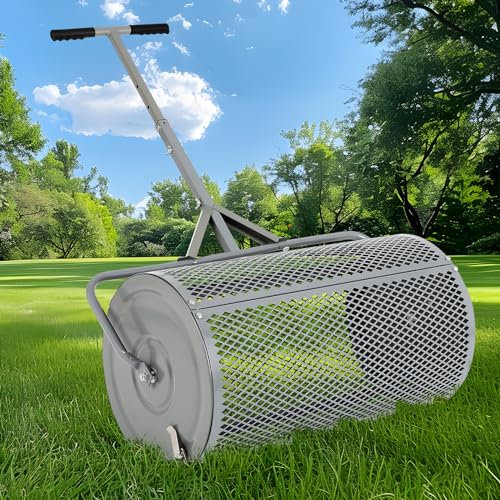 FAHKNS Esparcidor de abono para césped y jardín, esparcidor de Rodillos de Metal de 27 Pulgadas con Mango Ajustable, esparcidor de Fertilizante Resistente para Trabajos en el Patio, Color Gris