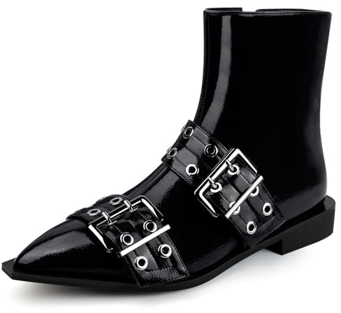 MISSMILLER Women Booties Buckle Ankle Boots Chunky Low Heel Eyelet Booties Sexy Pointy Toe Fashion Dress Short Boots with Zips