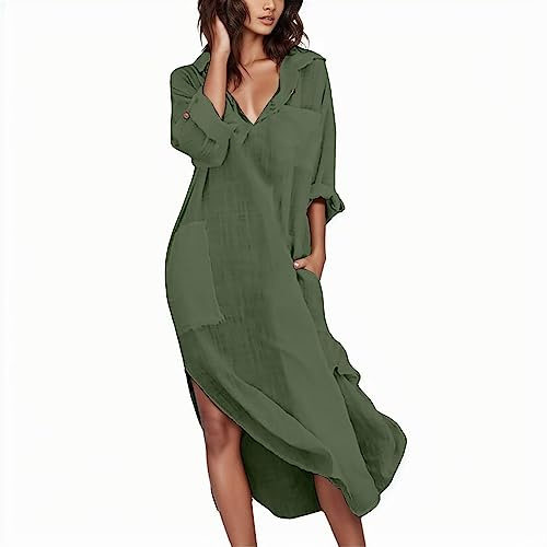 Robe Chemise Femme de Plage, Col V Robe Coton et Lin,Robe Longue Fluide Manche Longue Mode Boutonné Grande Poche avec Manches Retroussées Fendue sur Le côté Robes Casual Respirant Couleurs Pures