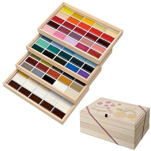 Kuretake Gansai Tambi Watercolor Paint Set 3, 100 Colours, WoodenBox, Japan | All 100 colors, wooden gift box, includes Starry, Iridescent & Sumi colors, Professional Use, Artist Grade