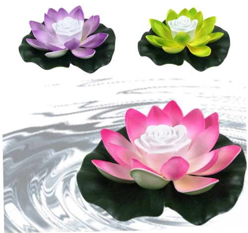 Lot de 3 Lampes flottantes pour Piscine, éclairage Solaire pour étang, Fleur de Lotus avec Changement de Couleur, Lampe Flottante réaliste à LED, alimentée par Batterie, Fleur de nénuphar (Bleu +