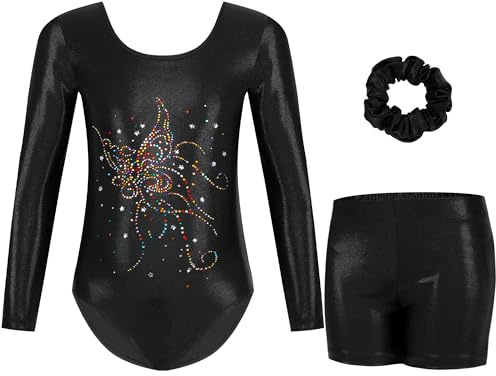 Gogokids Mädchen Dreiteilige Gymnastikanzüge, Langärmliges Gymnastik Set mit Shorts und Haarband, Glitzernde Balletteinheitstrikots - Gymnastik Outfit mit Farbverlaufdesign für 3-12 Jahre