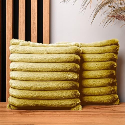 MG Design 2er Set Kissenbezüge 30 x 30 cm in Gelb – mit Reißverschluss, langflorige Fell-Haptik, weich & Cosy, pflegeleicht