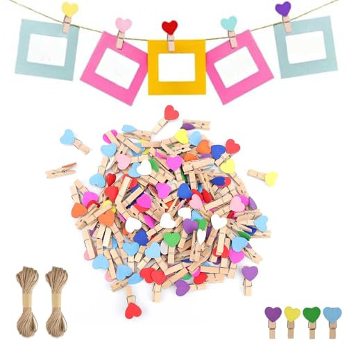 DEANKEJI Lot de 130 pinces à photos en bois, cœurs colorés, petites pinces pour accrocher des photos, petites pinces en bois, avec cordon, mini clip pour cartes d'anniversaire, photos,