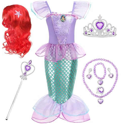 Sjöjungfrudräkt prinsessklänning flicka, sjöjungfrudräkt flicka, 110 cm sjöjungfruklänning, sjöjungfru med peruk, armband, örhängen, halsband, trollstav, hårband för cosplay, karneval, fest
