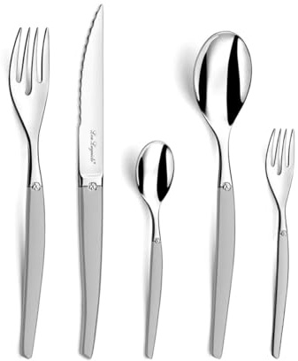 LOU LAGUIOLE - JET | Besteck Set 6 Personen | 30-teilig | Spülmaschinenfest | Tafelbesteck 6 Personen mit mikroverzahnter Klinge | Edelstahl satiniert | 18/0 Edelstahl