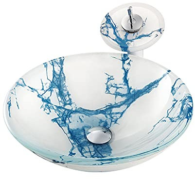 SaryEdge Lavandino da appoggio in Vetro temperato Artistico per Il Bagno, lavabo da appoggio Rotondo in Vetro temperato, lavabo da appoggio con Rubinetto a Cascata e Scarico a sc(Blu-Verde
