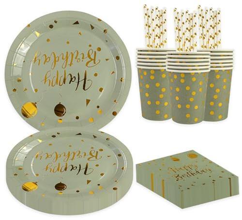 BOKFJBP 80Stück Geburtstag Partygeschirr Set, Einweg Salbeigrün Gold Ballon Kinder Wiederverwendbar Liefert Papier Teller Servietten Tassen Strohhalme für Geburtstag Babydusche Hochzeit Deko Dient 16