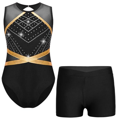Jugaoge Flicka gym med shorts ärmlös glitter nät gymnastikdräkt balettdans kläder set 2 st danskläder storlek 110–170, svart, 146-152