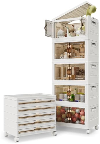BTGGG 35L*5 Pack Aufbewahrungsboxen mit Deckel, Kunststoff-Aufbewahrungsbox Organizer Box mit Rollen, Faltbare Aufbewahrungsschubladen Stapelboxen mit Deckel mit Tür, Transparent und Stabil