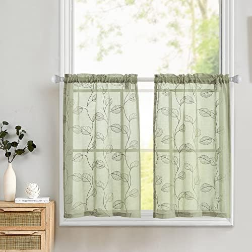 Vangao Volie Scheibengardinen Küche Modern Gestickt Bistrogardine 2er Set 65Bx60Hcm Grün mit Stangendurchzug Landhaus Gardinen kurz Halbtransparente Küchengardinen Badezimmer Wohnwagen Klein Fenster