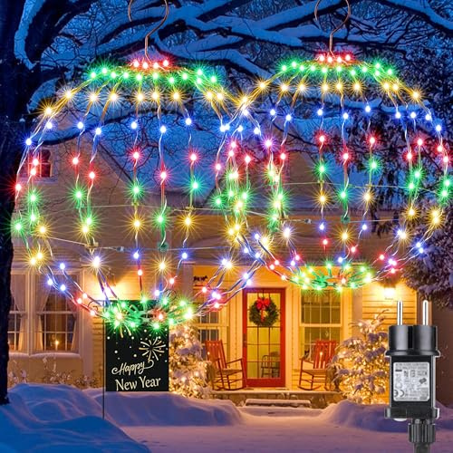 Joomer Lot de 2 Boules Lumineuses de Noël d'Extérieur Alimentées Par Adaptateur,Boules Guirlande Lumineuses Led Pliables en Métal,8 Modes,Minuterie,Décoration de Noël Jardin(33 Cm + 28 Cm,Multicolore)