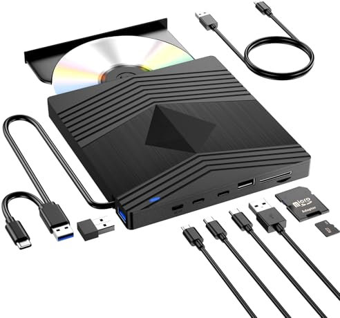 Aumdie Lettore CD Esterno per PC Portatile, USB 3.0 Masterizzatore DVD CD Esterno con Lettore di Schede TF/SD, Lettore DVD Esterno per PC Laptop Mac Windows 11/10/8.1/7/XP/Vista Linux Macbook