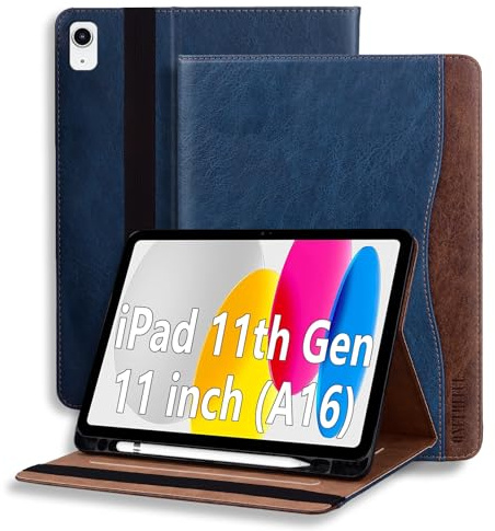 ONETHEFUL Coque pour iPad (A16) 11ème/10ème Génération 10.9 Pouces (2025/2022), Multi-Angles Etui de Protection en Cuir PU avec Support,Porte Cartes Etui Tablette Veille/Réveil Auto Bleu