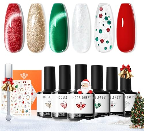 Modelones UV Nagellack Weihnachten Cat Eye Gel Set 6 Farben Rot Grün Glitzer mit Magnet Magnetisch 9D Effect für Soak Off Nail Polish, French Manicure, Nail Art Nageldesign
