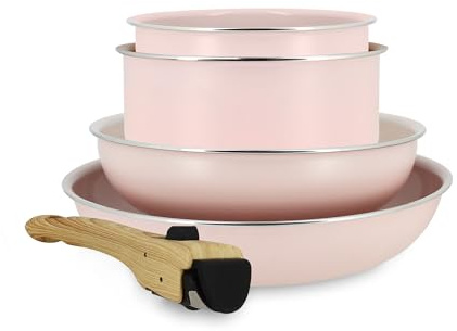 MENASTYL - Batterie de Cuisine Amovible Empilable - Tous Feux Dont Induction - Revêtement Céramique Antiadhésif sans PFAS - Gamme Colorama - Couleur Rose - 2 Poêles + 2 Casseroles + 1 Poignée