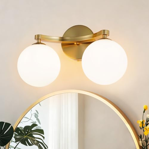 TYhogar Moderne Wandleuchte Badezimmer Waschtischleuchte mit doppelter Fassung G9 mit opakem weißem Glaskugelschirm Kupferfarben Wandlampe für Wohnzimmer Flur Innenwandleuchte (inklusive Glühbirne)