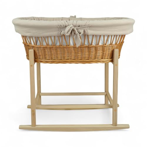 Wiklinopol Stubenwagen OLIWIA II – Baby Moseskorb mit Schaukelwiege aus Naturweide – Komplettset mit Beiger Musselin Bettwäsche, Matratze & Bezug – atmungsaktiv, waschbar & hypoallergen