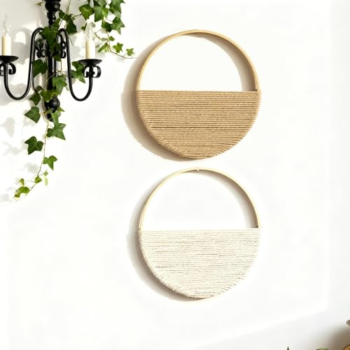 PAEFIU Boho Holz-Wandkunst, Handgemachte Gewebte Doppelte Runde Bambus Wandbehang, Moderne Böhmische Wanddeko, Makramee Wandbehang, für Badezimmer, Schlafzimmer, Ankleidezimmer, Esszimmer (Stil 1)