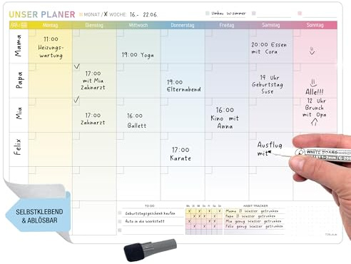 TOBJA Monatsplaner abwischbar – A3 selbsthaftender Wochenplaner mit einem abwischbaren Stift – Whiteboard Planer für Wand, Kühlschrank & Tür – Familienkalender (inkl. 1 Stift)