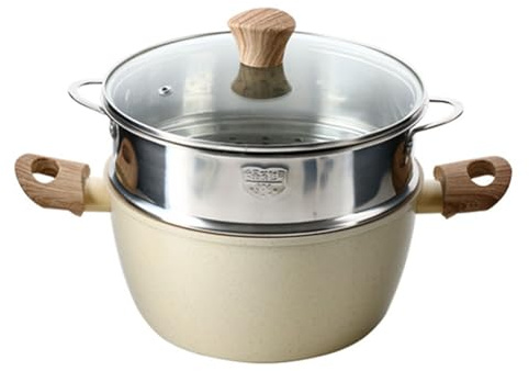 Juego de cacerolas de acero inoxidable con inserto for vaporera, cacerola for leche con tapa de vidrio, olla antiadherente for sopas y ramen con leche caliente.(24cm)