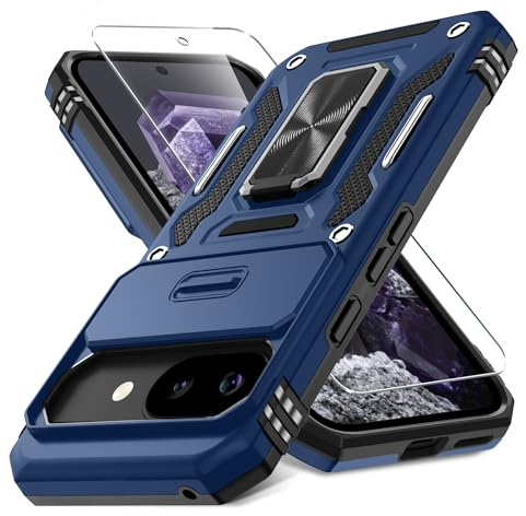 DEERLAMN Case for Google Pixel 10a with Slide Camera Cover+Screen Protector (1 Pack), Rotated Ring Kickstand Military Grade Shockproof Protective Cover-Navy Blue