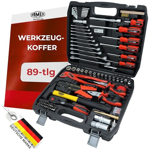 FAMEX Cassetta degli attrezzi 144-47 riempita con set di attrezzi di alta qualità, compatta – tutti gli strumenti a vite al cromo vanadio – ideale come valigetta di bordo per auto, camper, camper