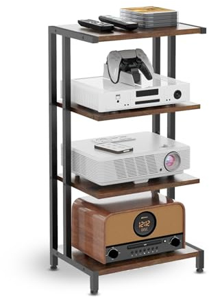 Hocomay 4 Ebenen HiFi Rack, Rack aus Holz & Eisen für Plattenspieler, Audioanlage, Stereoanlagen,Geeignet für Wohnzimmer und Arbeitszimmer 28D x 42W x 81H cm, Schwarz/Braun