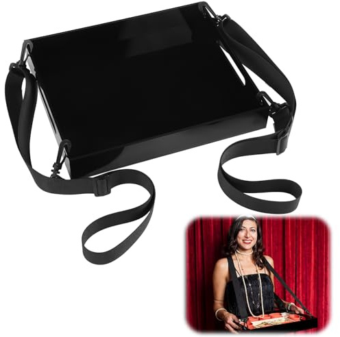 Novabright 1 Pack Acrylic Snack Serving Tray with Adjustable Strap 13 x 11 x 2 Inch Wearable Snack Serving Trays Carrier Tray for Girl 20's Theme and Movie Night Party Carnival (Black)