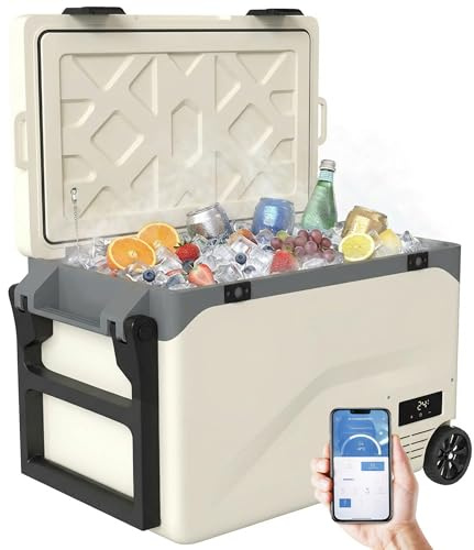 Outsunny 42.5L Compressor Car Fridge Freezer App Control 12V/240V Coffee | Camping Refrigerator, Portable Electric Cool Box, Wheels And Pull Rod, -20℃-20℃, Truck Campervan RV Boat